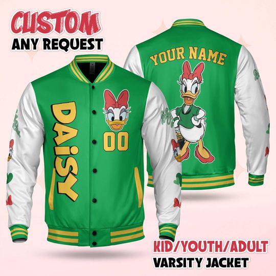 Personalize Daisy Duck St Patricks Day Varsity Jacket, Custom Mickey and Friends Baseball Jacket, Lucky Gift