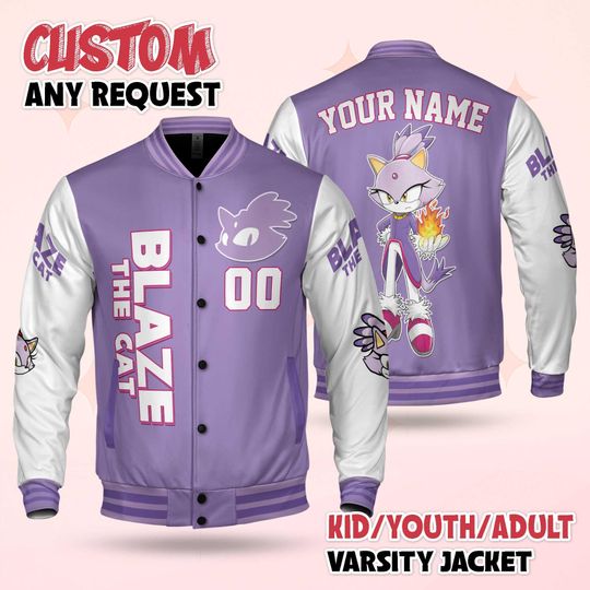 Custom Blaze the Cat Varsity Jacket, Personalized Sonic the Hedgehog Baseball Jacket