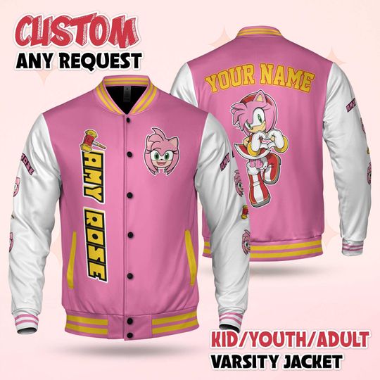Custom Amy Rose Varsity Jacket, Personalized Sonic the Hedgehog Baseball Jacket