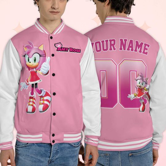 Custom Amy Rose Varsity Jacket, Personalized Sonic the Hedgehog Baseball Jacket