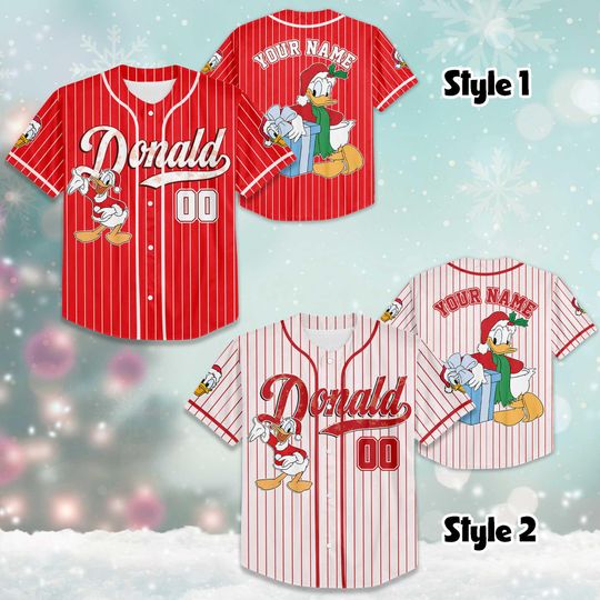 Personalized Donald Duck Christmas Baseball Jersey, Custom Disney Holiday Shirt, Cute Donald Santa Xmas Outfit