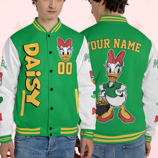 Personalize Daisy Duck St Patricks Day Varsity Jacket, Custom Mickey and Friends Baseball Jacket, Lucky Gift