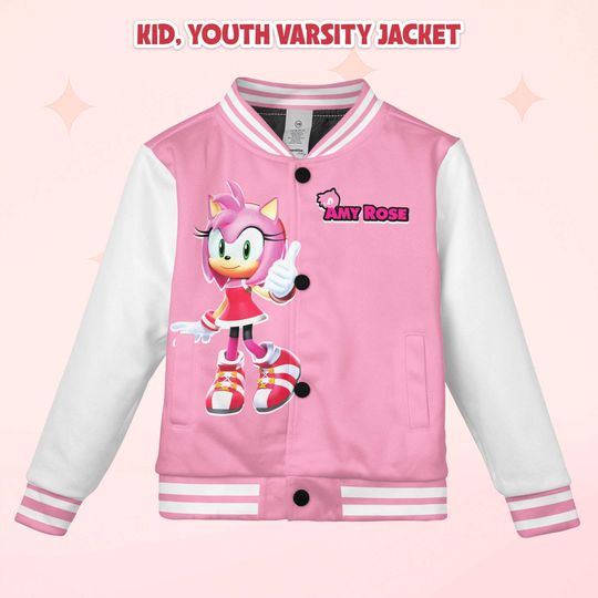 Custom Amy Rose Varsity Jacket, Personalized Sonic the Hedgehog Baseball Jacket