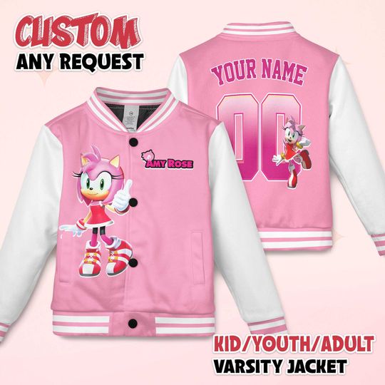 Custom Amy Rose Varsity Jacket, Personalized Sonic the Hedgehog Baseball Jacket