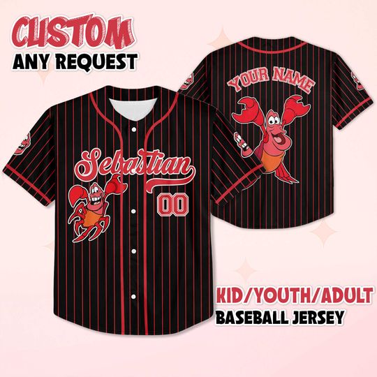 Personalized Sebastian Baseball Jersey, Custom Disney The Little Mermaid Shirt, Matching Team Outfit, Birthday Gift