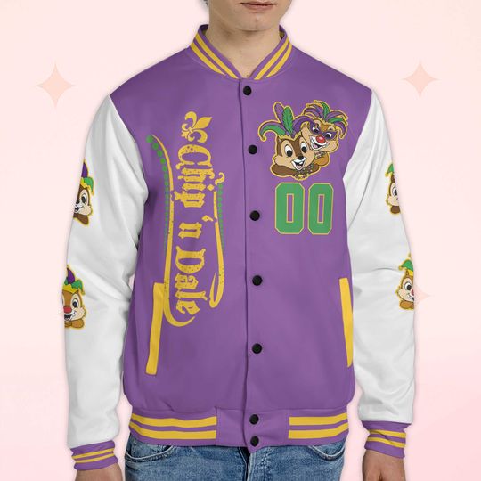 Custom Chip and Dale Mardi Gras Varsity Jacket, Personalized Disney Chip 'n' Dale Baseball Jacket, Birthday Gift