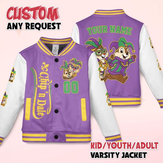 Custom Chip and Dale Mardi Gras Varsity Jacket, Personalized Disney Chip 'n' Dale Baseball Jacket, Birthday Gift
