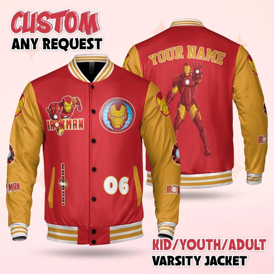 Personalized Iron Man Varsity Jacket, Custom Superhero Baseball Jacket
