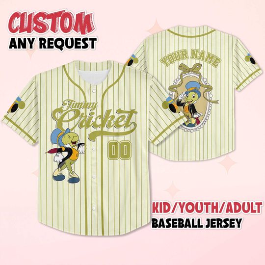Custom Jiminy Cricket Baseball Jersey, Disney Jiminy Cricket Shirt, Pinocchio Baseball Team Outfit, Birthday Gift