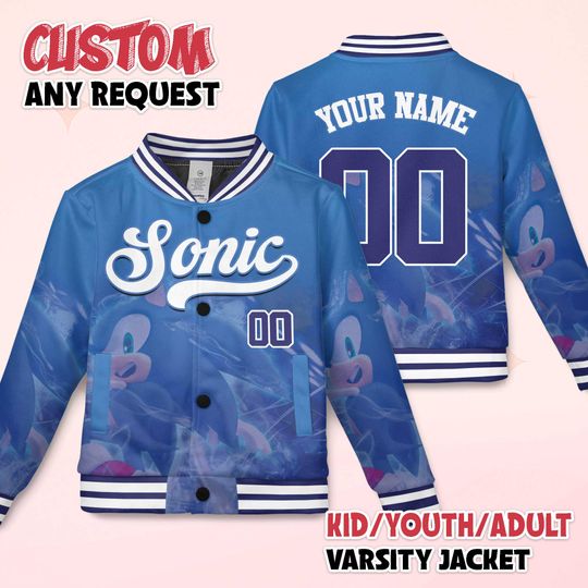 Personalized Sonic Varsity Jacket, Sonic the Hedgehog Baseball Jacket, Kids Youth Adult Varsity Jacket