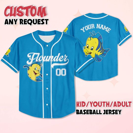 Custom Flounder Baseball Jersey, Disney The Little Mermaid Shirt, Matching Team Outfit, Birthday Gift