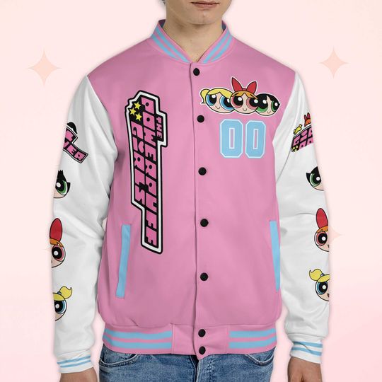 Custom The Powerpuff Girls Varsity Jacket, Personalized Cartoon Baseball Jacket