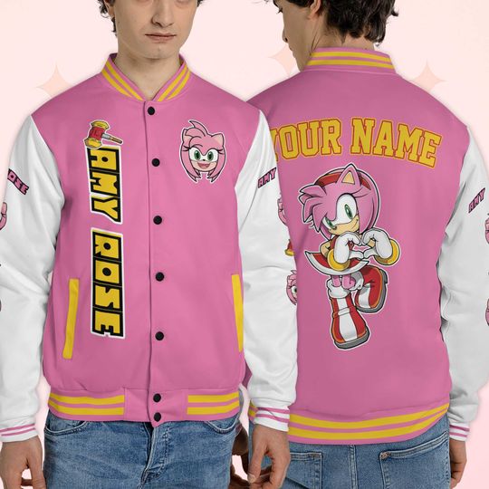 Custom Amy Rose Varsity Jacket, Personalized Sonic the Hedgehog Baseball Jacket