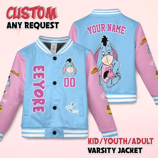 Personalized Eeyore Varsity Jacket, Custom Winnie the Pooh Baseball Jacket