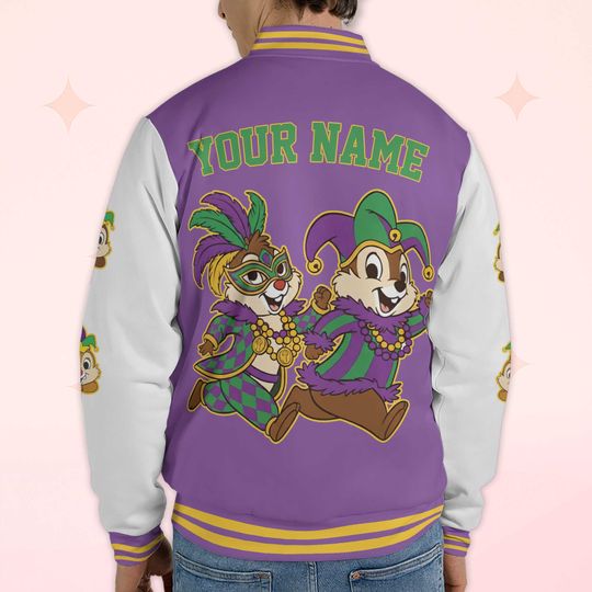 Custom Chip and Dale Mardi Gras Varsity Jacket, Personalized Disney Chip 'n' Dale Baseball Jacket, Birthday Gift