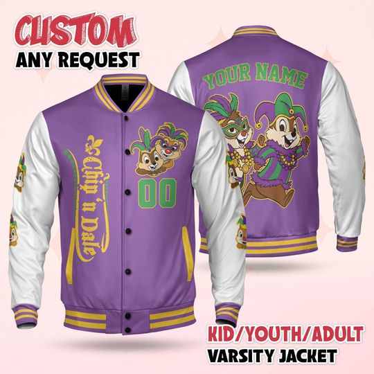 Custom Chip and Dale Mardi Gras Varsity Jacket, Personalized Disney Chip 'n' Dale Baseball Jacket, Birthday Gift