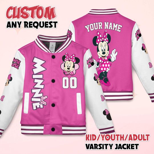 Personalized Minnie Mouse Varsity Jacket, Custom Mickey and Friends Baseball Jacket, Kids Youth Adult Varsity Jacket