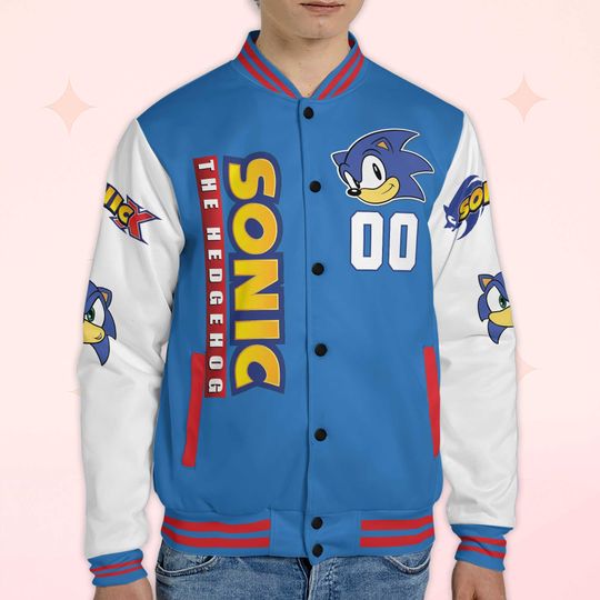 Custom Sonic Varsity Jacket, Personalized Sonic the Hedgehog Baseball Jacket