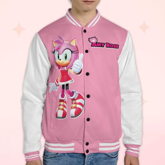 Custom Amy Rose Varsity Jacket, Personalized Sonic the Hedgehog Baseball Jacket