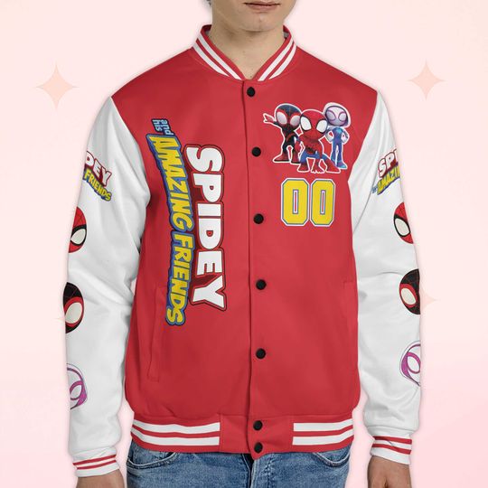 Custom Spidey And His Amazing Friends Varsity Jacket, Personalized Spidey Baseball Jacket