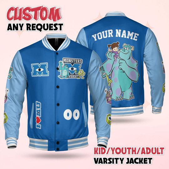 Custom Monster Inc Varsity Jacket, Personalized Monster Inc Baseball Jacket, Kids Youth Adult Varsity Jacket