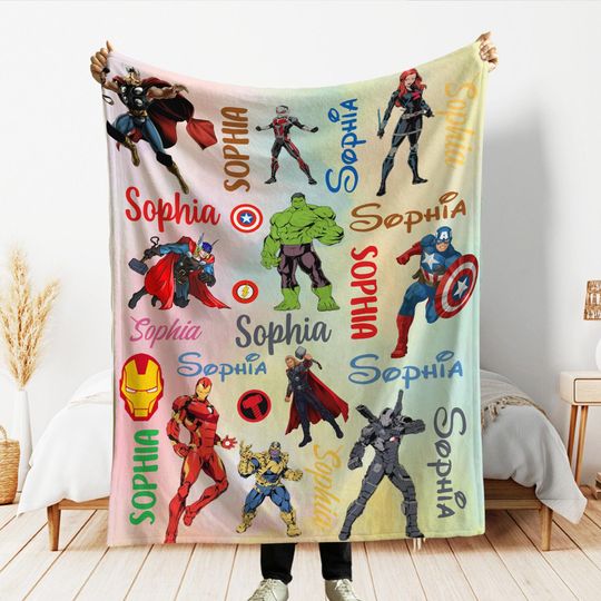 Personalized Marvel Avengers Fleece Blanket with Custom Name, Superhero Birthday Gift, Marvel Comic Throws