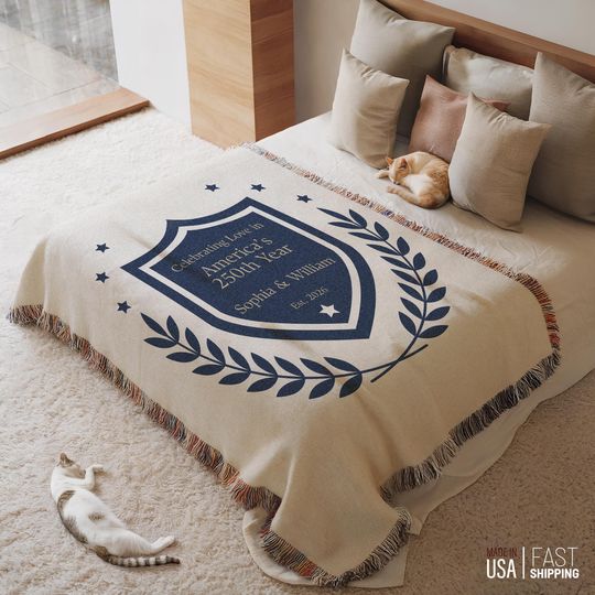 Personalized America 250 Woven Blanket, Custom Couple Anniversary Gift, Crest Style Design, Together Since Year Tapestry