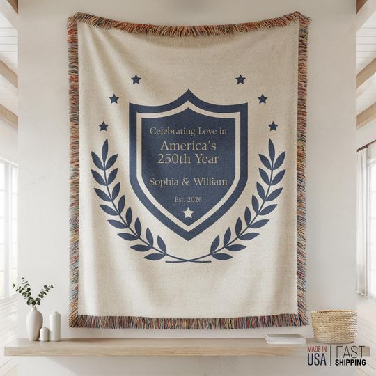 Personalized America 250 Woven Blanket, Custom Couple Anniversary Gift, Crest Style Design, Together Since Year Tapestry