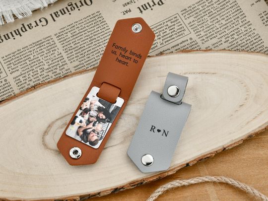 Custom Mens Leather Keychain with Photo ,Personalized Key Chain for Him