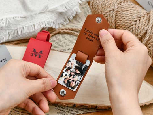 Custom Mens Leather Keychain with Photo ,Personalized Key Chain for Him