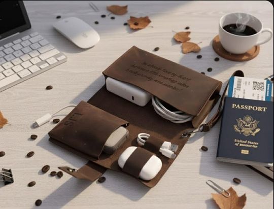 Personalized Leather Cord Case, Travel Cable Organizer, Engraved Tech Accessory Bag, Christmas Gift for Men, Corporate Gift