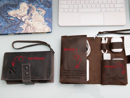 Personalized Leather Cord Case, Travel Cable Organizer, Engraved Tech Accessory Bag, Christmas Gift for Men, Corporate Gift