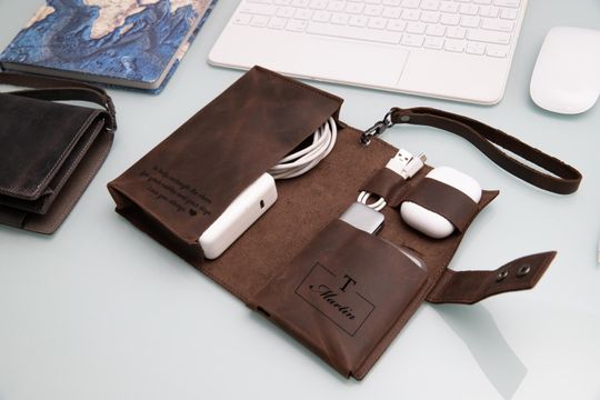 Monogrammed Genuine Leather Charger Organizer Bag, Custom Engraved Travel Electronics Holder Gift For Him