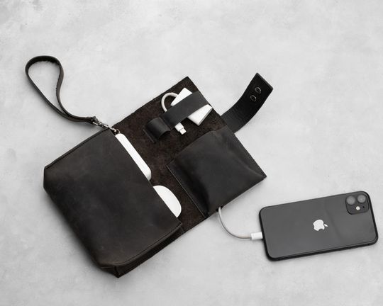 Monogrammed Genuine Leather Charger Organizer Bag, Custom Engraved Travel Electronics Holder Gift For Him