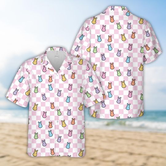 Happy Easter Bunny Checkered Hawaiian Shirt For Men Women, Rabbit Easter Button Up Shirt, Pastel Easter Shirt, Family Easter Matching Shirt