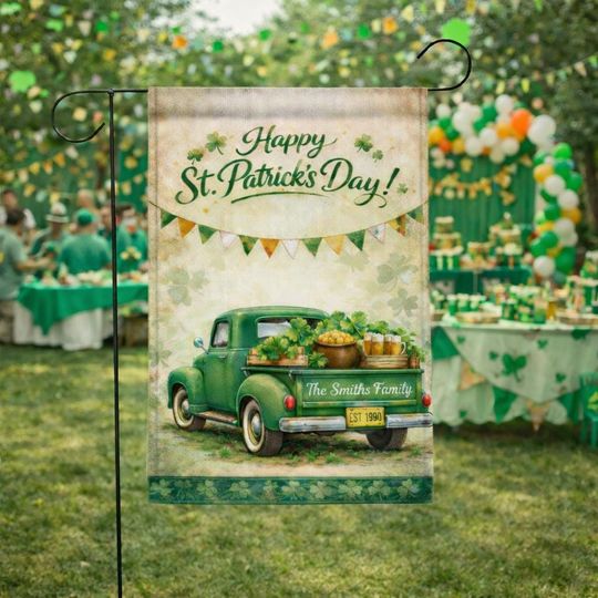 St. Patrick's Day Garden Flag Vintage Truck Shamrock Design Personalized Outdoor Yard Decor
