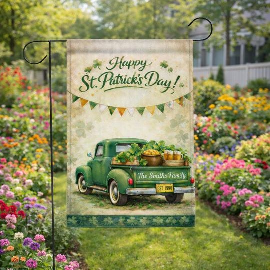 St. Patrick's Day Garden Flag Vintage Truck Shamrock Design Personalized Outdoor Yard Decor