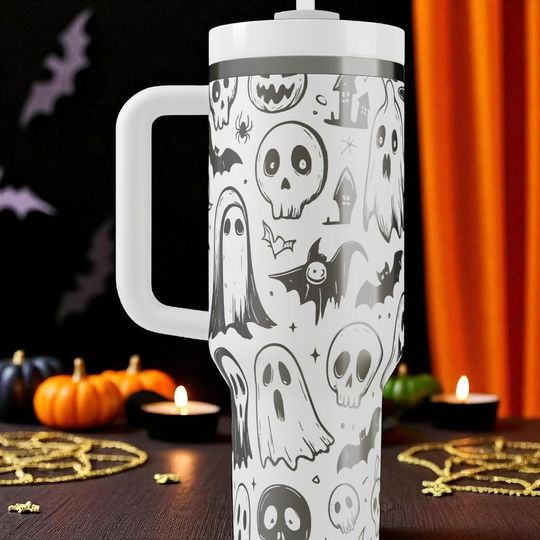 Engraved Ghost Tumbler   Cup  z  Cute Halloween Design with Skulls, Bats, and Pumpkins