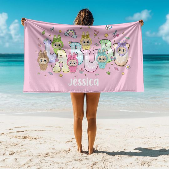 Custom Labubu Theme Beach Towel with Name, Personalized Groovy Labubu Beach Towel, Pool Party Towel, Birthday Gift for Her