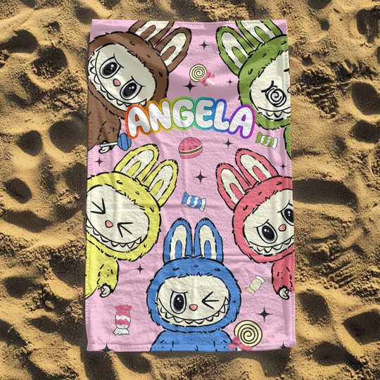 Custom Labubu Beach Towel with Name, Groovy Cute Personalized Pool Towel, Birthday Vacation Gift for Her