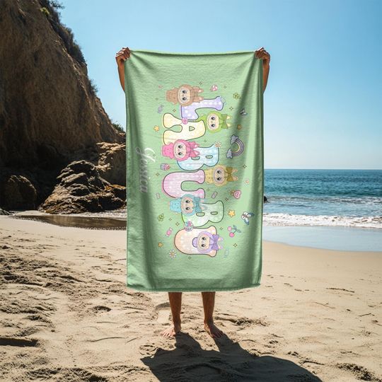 Custom Labubu Theme Beach Towel with Name, Personalized Groovy Labubu Beach Towel, Pool Party Towel, Birthday Gift for Her