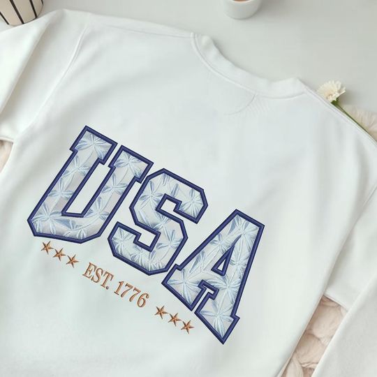 USA Embroidered Sweatshirt, 4th of July Patriotic Crewneck,Red White Blue Stars Shirt, American Aesthetic Top,Independence Day Gift