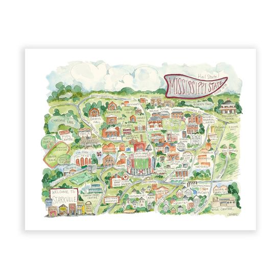 Mississippi State Campus Map Watercolor Art Poster Football