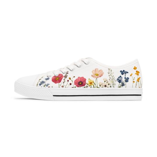 Low Top Sneakers, Pink Wildflower field Gift for Grandma Mom, Floral Shoes, Mothers Day Gift, Cute Flower Sneakers, Women's Sneakers, Gift
