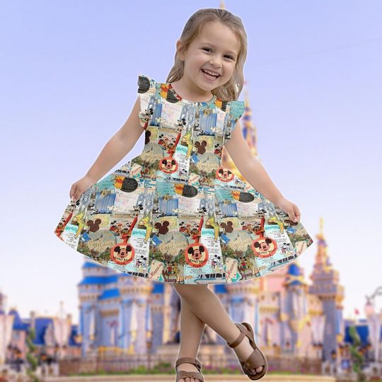 Vintage Mickey And Friends Ruffle Dress, Disneyland 2026 Flutter Sleeve Dress, Mickey Minnie Kids Dress, Disney Trip Baby Costume