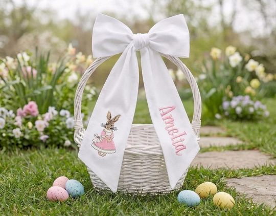Personalized Easter Sash for Basket, Embroidered Bunny Name Tag, Custom Gingham Bow, Monogram Easter Gift for Kids, Wreath Sash Decoration