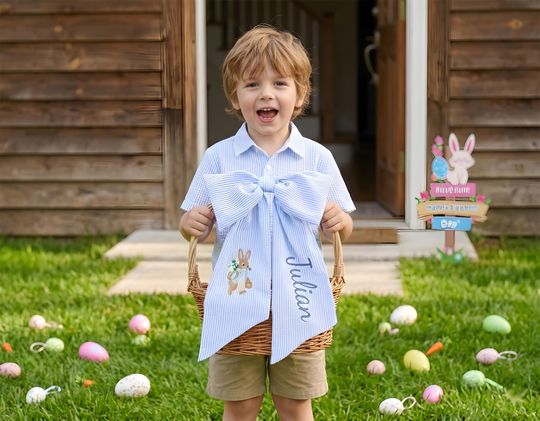 Personalized Seersucker Easter Basket Bow - Custom Name & Bunny Embroidery, Easter Decor