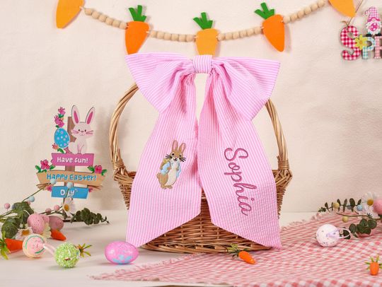 Personalized Seersucker Easter Basket Bow, Embroidered Monogrammed Name Ribbon for Kids, Spring Bunny Accessory