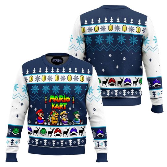 Retro Gamer Mario Kart 3D All Over Print Christmas Sweater Holiday Arcade Outfit
