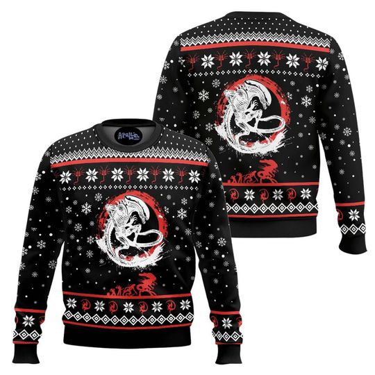 Xenomorph Alien Ugly Christmas Sweater, Funny Sci Fi Horror Pullover Sweatshirt